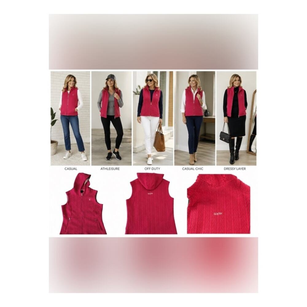 Spyder Vest Womens Size L Pink Hooded Cable Knit Full Zip Logo Pockets Warm Cozy